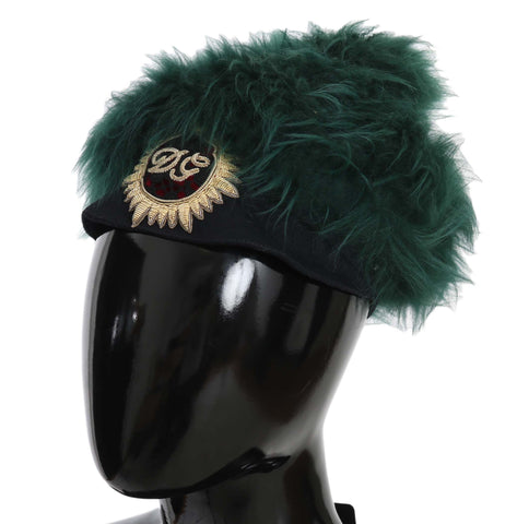 Green fur Dolce & Gabbana logo embroidered cloche hat with a rounded brim and stylish design.