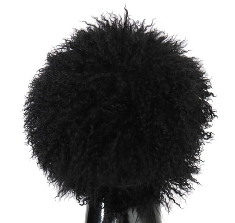 Black Tibet Lamb Fur Leather Gatsby Hat by Dolce & Gabbana featuring a stylish design with fur and leather details.
