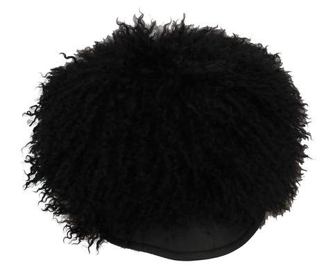 Black Tibet Lamb Fur Leather Gatsby Hat by Dolce & Gabbana, featuring a classic design with fur trim and leather construction.