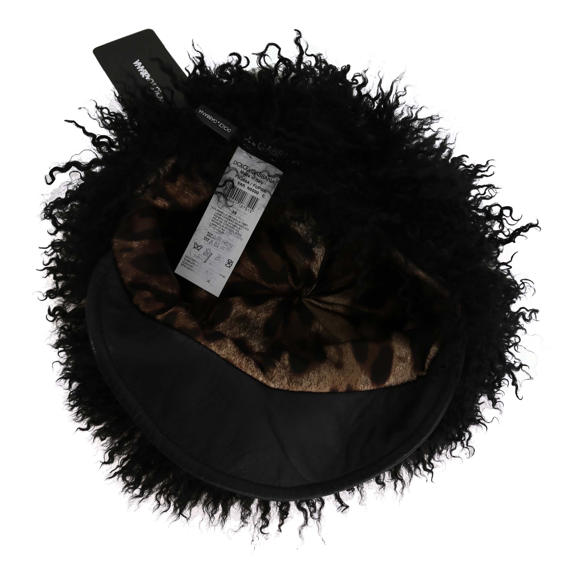 Black Tibet Lamb Fur Leather Gatsby Hat by Dolce & Gabbana, featuring a stylish black fur and leather design with a classic Gatsby style.