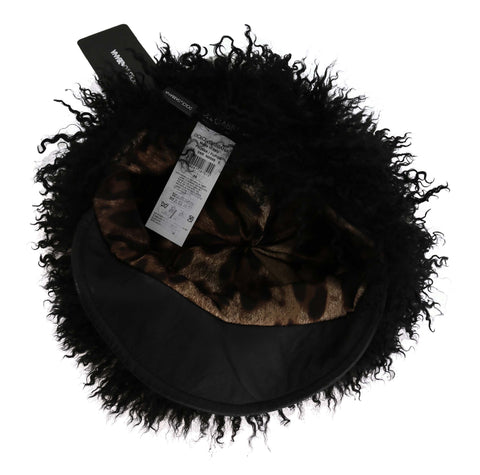 Black Tibet Lamb Fur Leather Gatsby Hat by Dolce & Gabbana, featuring a stylish black fur and leather design with a classic Gatsby style.