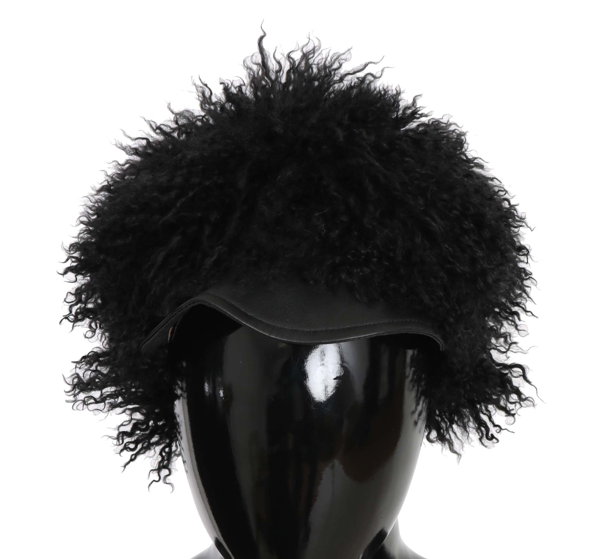 Black Tibet Lamb Fur Leather Gatsby Hat by Dolce & Gabbana, featuring a stylish design with fur accents and a classic silhouette.