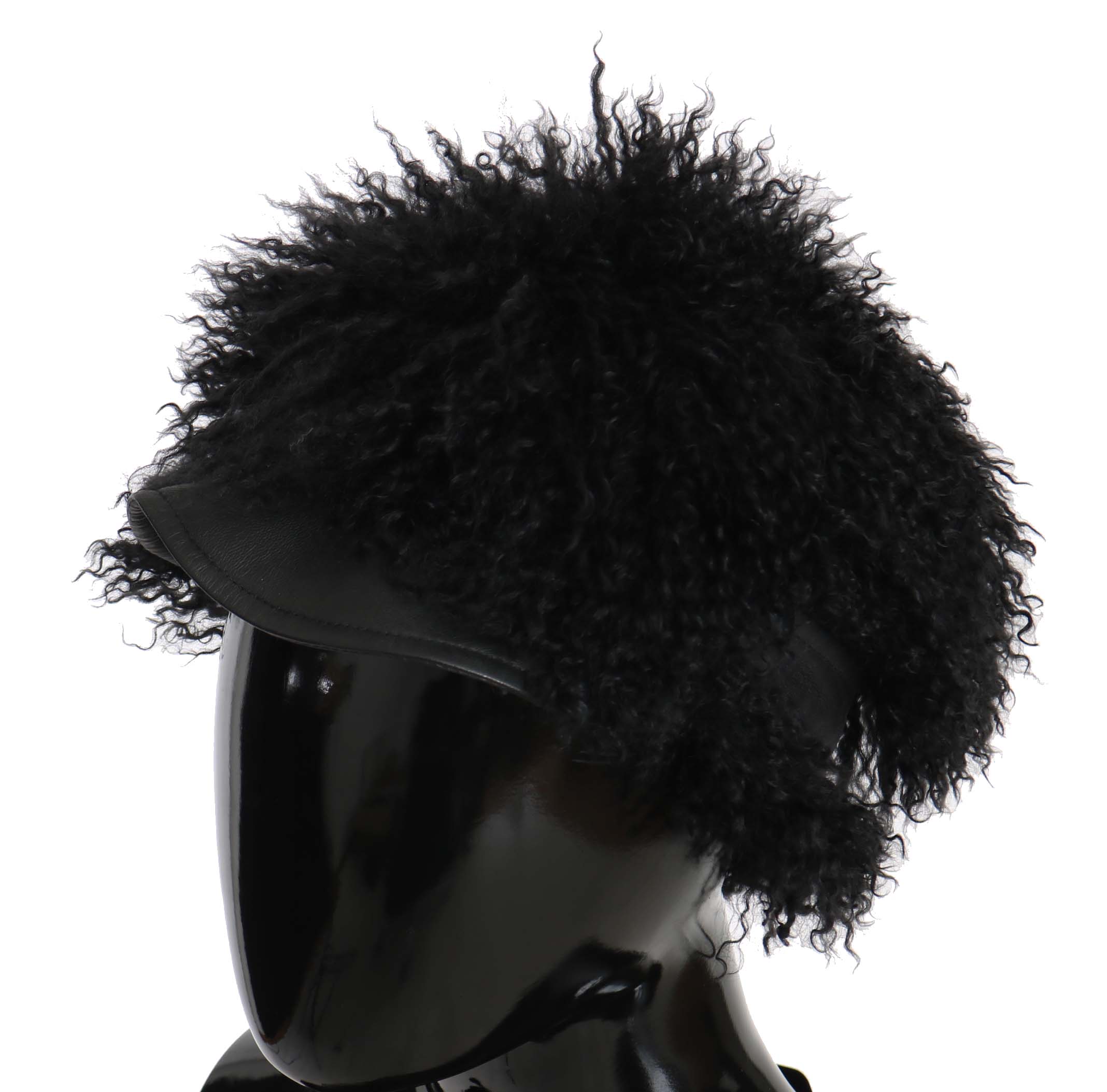 Black Tibet Lamb Fur Leather Gatsby Hat by Dolce & Gabbana, featuring a stylish design with plush lamb fur and leather details.