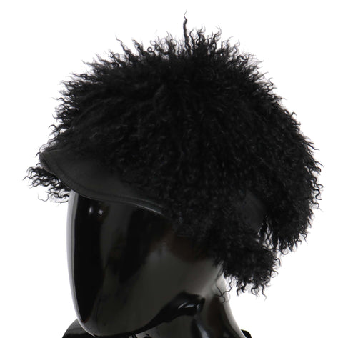 Black Tibet Lamb Fur Leather Gatsby Hat by Dolce & Gabbana, featuring a stylish design with plush lamb fur and leather details.