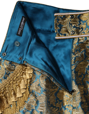 Blue Floral Jacquard Tasseled Mini Skirt