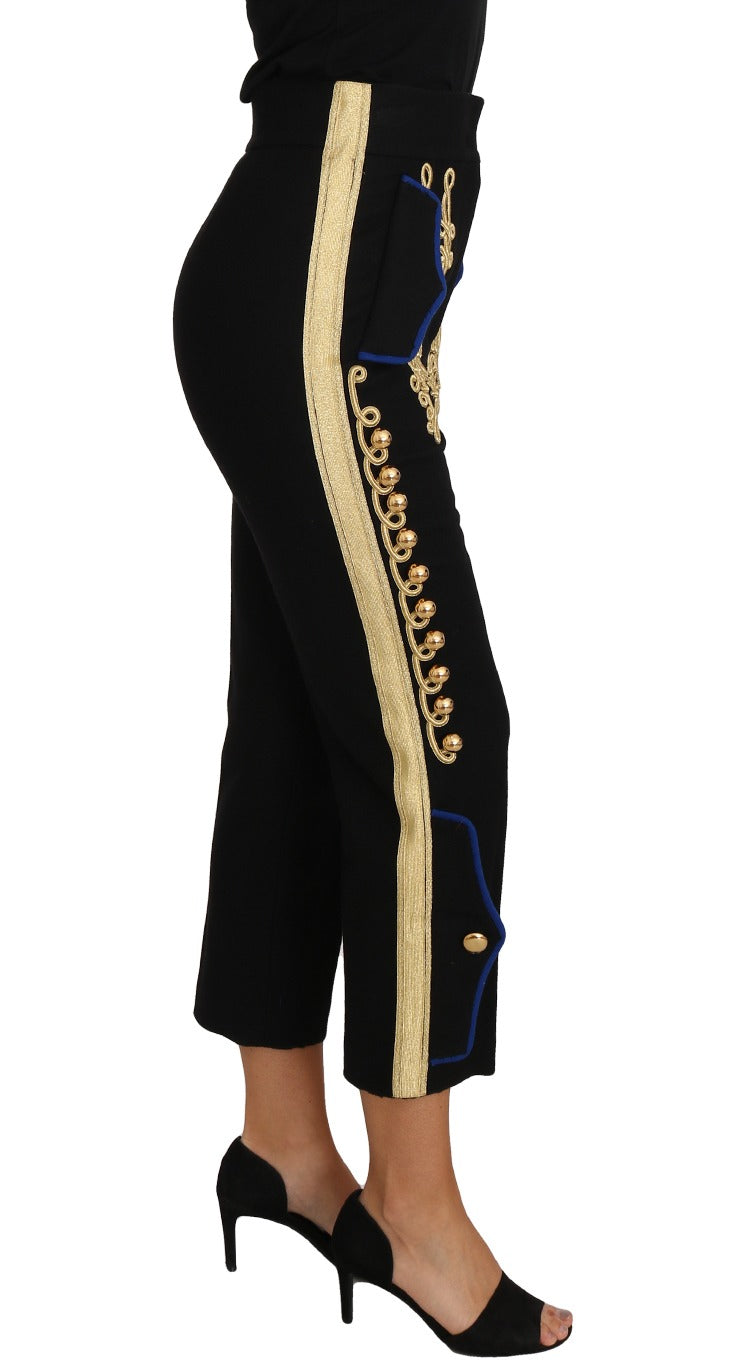 Black Dolce & Gabbana military embellished dress pants with gold decorative details and tailored fit.