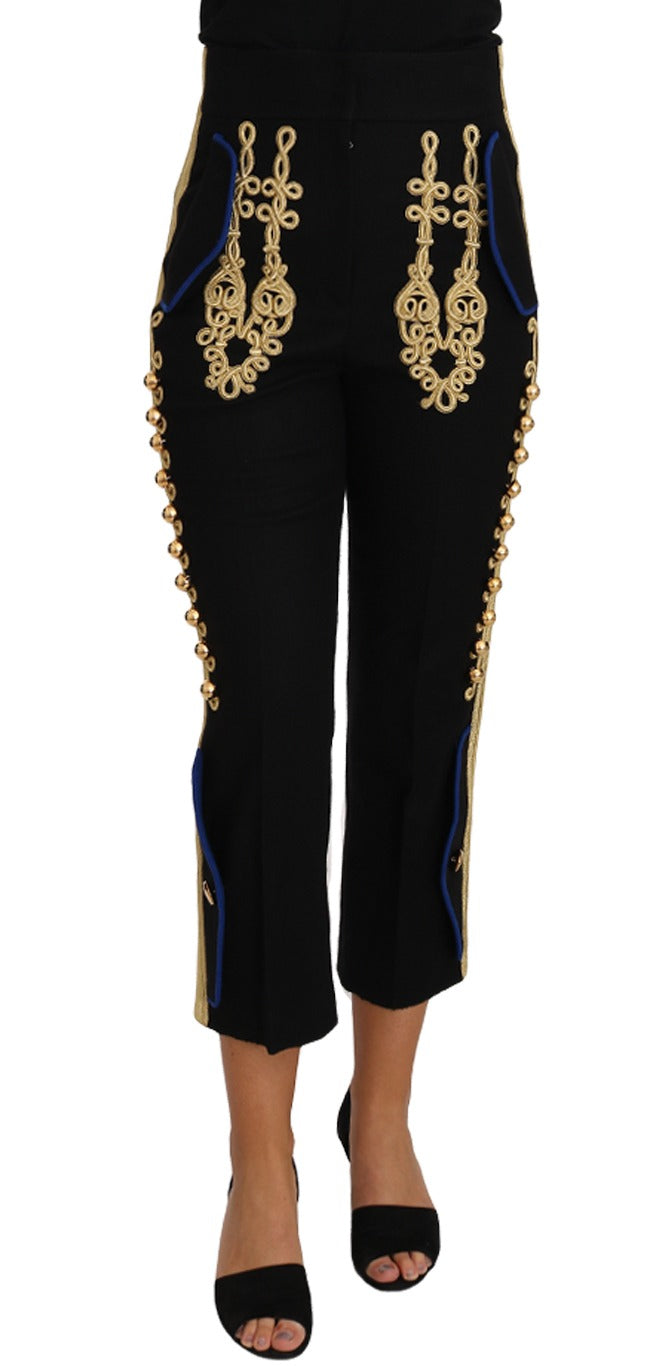 Black Dolce & Gabbana military embellished dress pants with gold accents and detailed embroidery, tailored fit for elegant style.