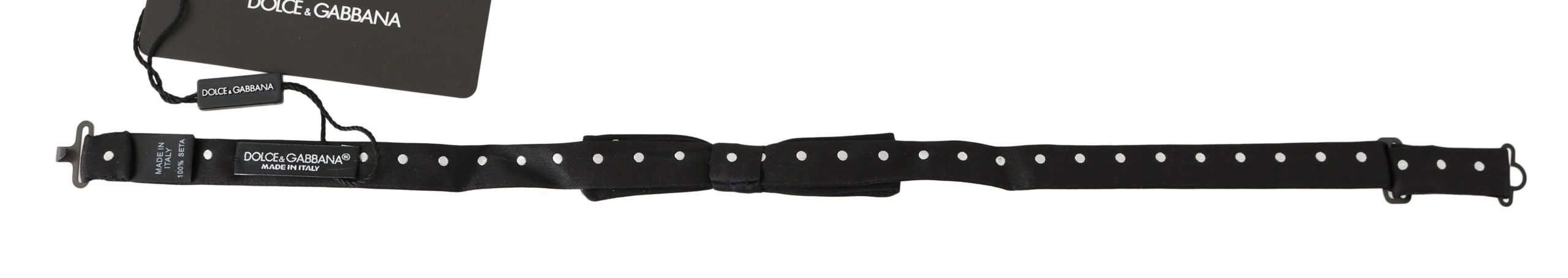 Black 100% silk polka dot adjustable neck bow tie by Dolce & Gabbana, featuring a stylish and elegant design.