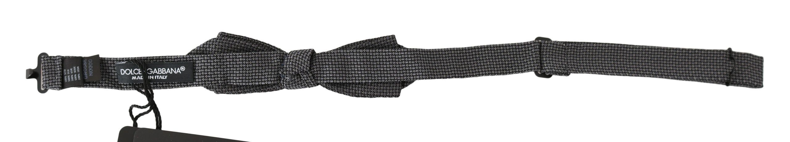 Gray patterned silk adjustable neck bow tie with papillon style from Dolce & Gabbana, featuring a stylish, elegant design.