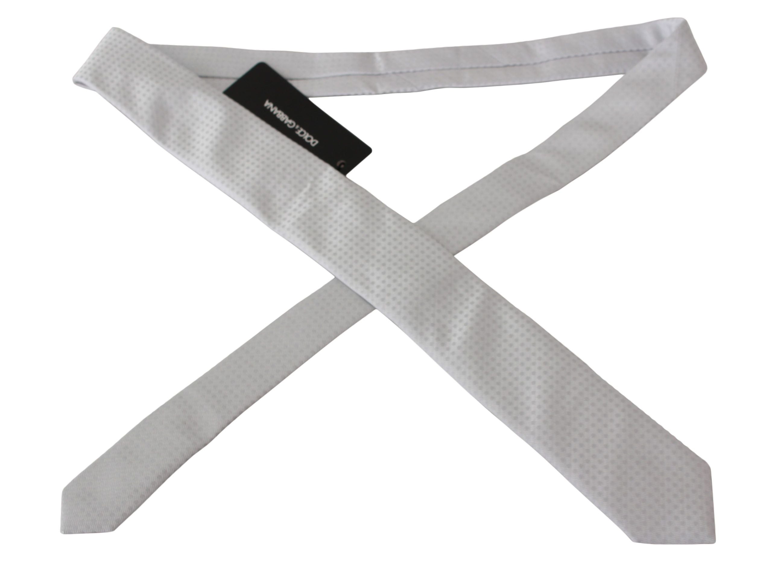 White patterned classic men's slim necktie by Dolce & Gabbana, featuring elegant design and smooth fabric.