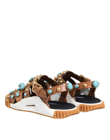 Brown Leather Studded Slides Sandals Shoes
