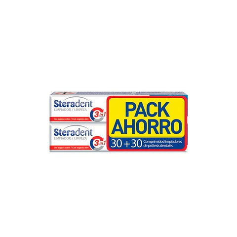 Steradent 3-in-1 cleaning tablets for dentures by Reckitt Benckiser, double pack of 30 tablets, suitable for daily denture care.