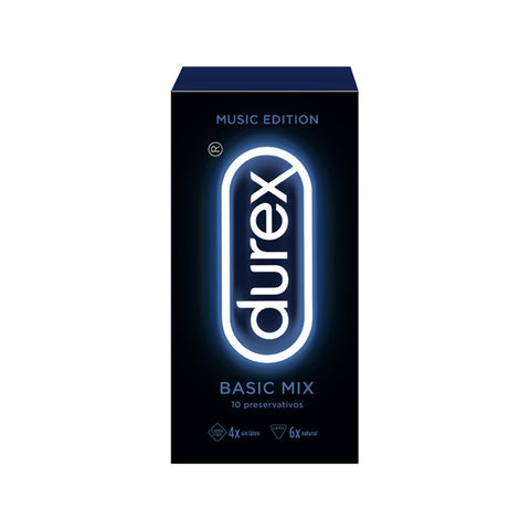 Box of Durex Music Edition Basic Mix condoms by Jag Couture London, featuring 10 pieces in colorful packaging.