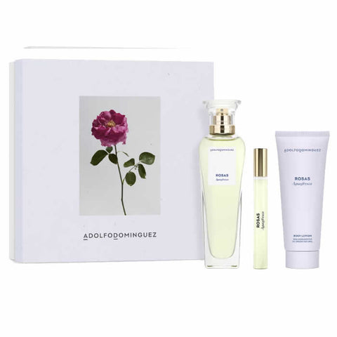 Set of three Jag Couture London Agua Fresca De Rosas Eau De Toilette spray bottles, 120ml each, with elegant floral packaging.