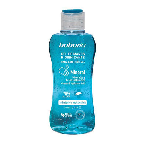 Babaria Mineral Sanitizing Hand Gel with 70% alcohol in a 100ml bottle, suitable for effective hand hygiene.