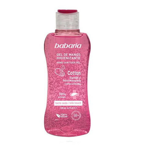 Babaria Cotton Sanitizing Hand Gel with 70% alcohol in a 100ml bottle, shown with clear label and cap.