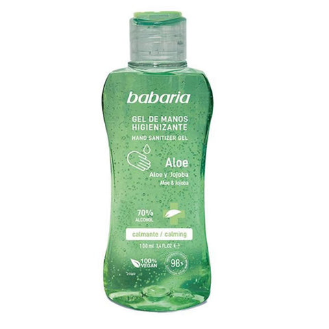 Jag Couture London - New York Babaria Aloe Sanitizing Hand Gel with 70% alcohol in a 100ml bottle showing the product label.