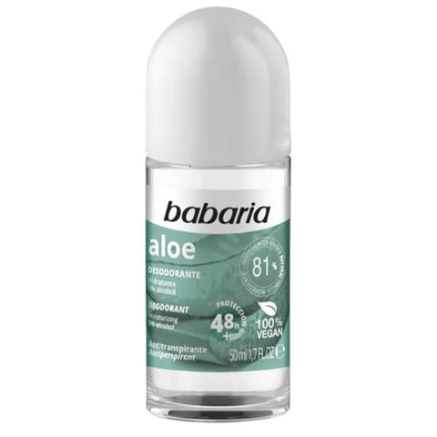 Babaria Aloe Deodorant Roll-On 50ml, natural skincare product with soothing aloe vera, shown in a clear roll-on bottle.