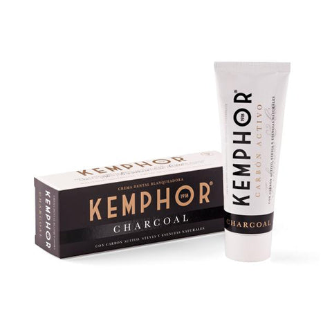 Kemphor Whitening Toothpaste with activated charcoal in 75ml tube, featuring branding from Jag Couture London - New York.