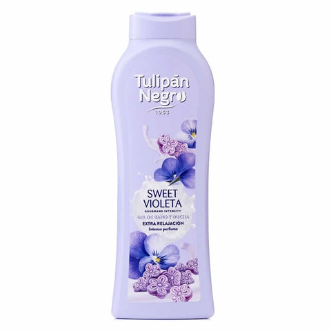 Jag Couture London - New York Tulipán Negro Gel Sweet Violeta shower gel bottle, 650ml, with violet floral design and black tulip illustration.