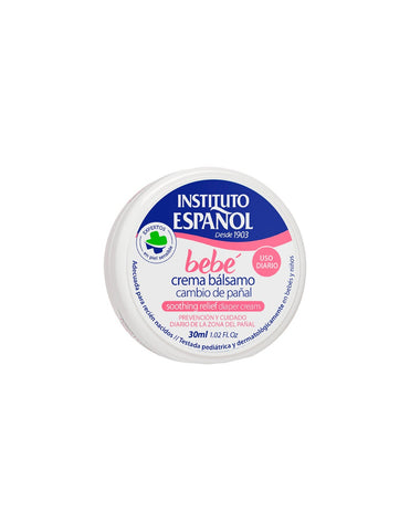 Instituto Español baby balm cream jar with 30ml size, featuring a white and blue packaging for gentle skin care.