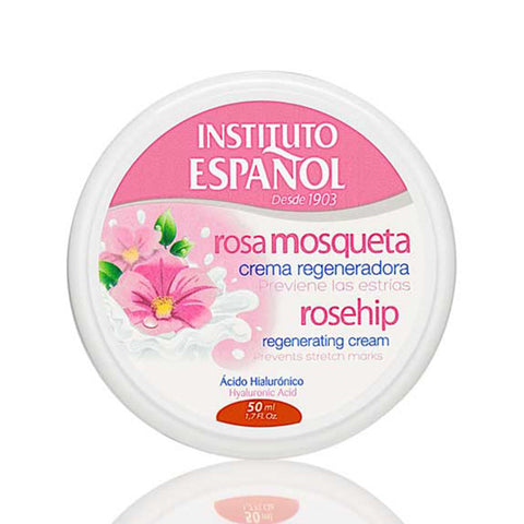 Jar of Instituto Español Rosa Mosqueta Crema Regeneradora, 50ml, with rosehip extract for skin revitalization.
