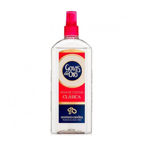 Instituto Español Gotas De Oro Agua de Colonia Clásica 400ml bottle with elegant gold accents and clear glass container.