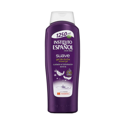 Instituto Español Suave Shower Gel in 1250ml bottle, featuring clean, gentle formula, displayed in a clear plastic bottle.