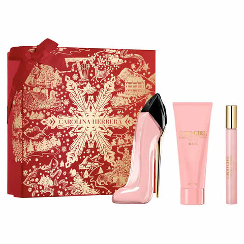 Carolina Herrera Good Girl Blush perfume spray set with three 80ml bottles, featuring elegant packaging and floral fragrance.