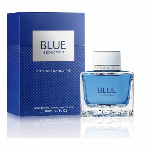 Antonio Banderas Blue Seduction man eau de toilette spray 100ml, sleek blue bottle with silver accents, stylish and masculine design.