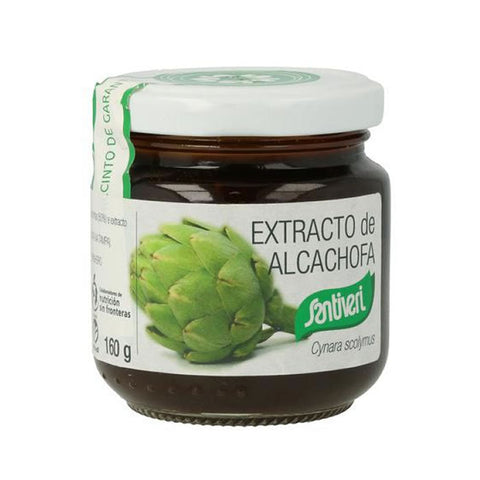 Santiveri Artichoke Extract in 160g jar, featuring fresh artichoke leaves and extract label, by Jag Couture London New York.
