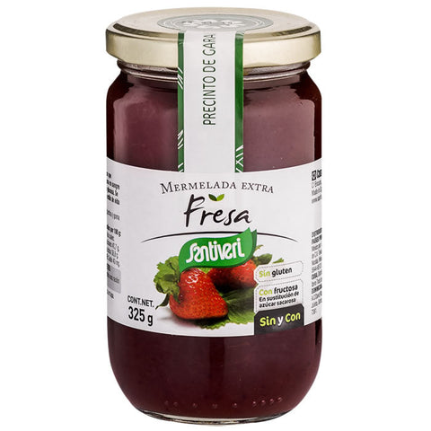 Jag Couture London - New York Santiveri strawberry jam 325g jar with fresh strawberries and spread on bread.