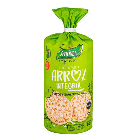 Organic rice pancakes by Santiveri in 100g package, displayed on a neutral background, highlighting the natural, gluten-free product.
