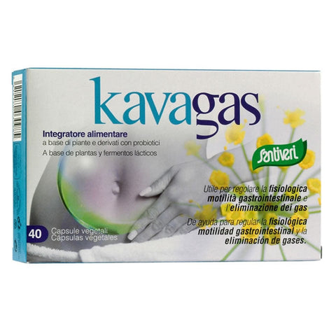 Santiveri Kavagas herbal supplement capsules in a bottle, designed to support digestive health.