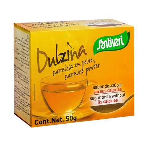 Santiveri Dulzina sucralose powder sachets in a 50g pack, natural sweetener by Jag Couture London New York, with individual sachets displayed.