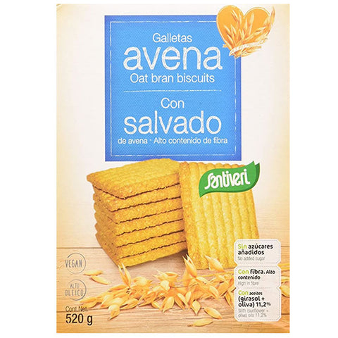Santiveri oat bran cookies in 520g pack, featuring golden cookies with oat flakes and a crisp texture.
