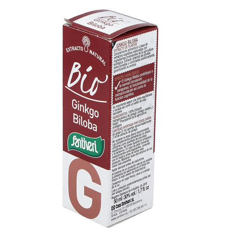 Santiveri Ginkgo Biloba Extract in a 50ml bottle, natural plant supplement for cognitive support, with label visible on the packaging.