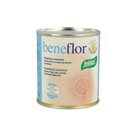 Santiveri Beneflor probiotic powder jar by Jag Couture London, New York, 160g container with label and scoop inside.