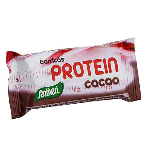 Santiveri cacao protein bars by Jag Couture London featuring 16 units, showing the packaging and bars with cacao flavor.
