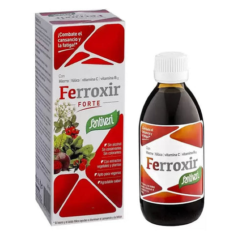 Santiveri Ferroxir Forte iron syrup in a 240ml bottle, natural supplement with a dropper, designed for iron deficiency support.