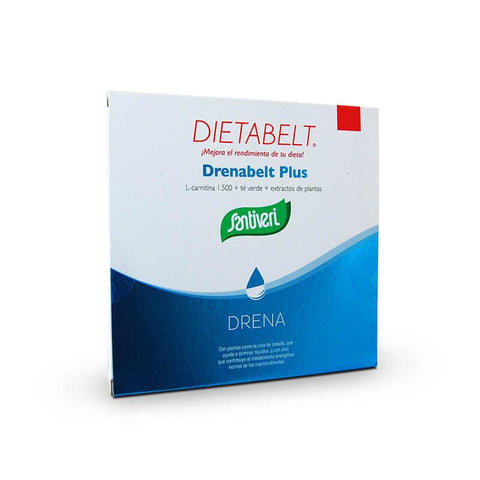 Santiveri Dietabelt Drenabelt Plus Vials 120ml in a clear glass bottle with a white cap, featuring a label with product details.