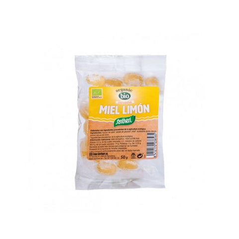 Santiveri Caramel Bio Honey and Lemon lozenge in 50g package, natural herbal remedy with caramel, honey, and lemon flavor.