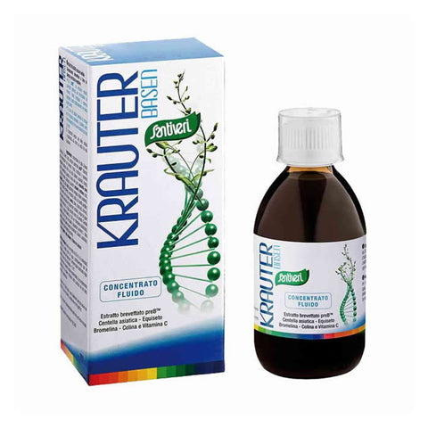 Santiveri Krauter Basen Syrup in a 200ml bottle, featuring herbal ingredients, displayed with natural packaging and label.