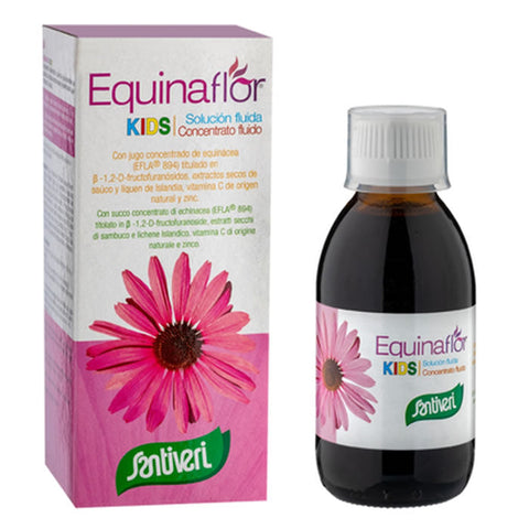 Santiveri Equinaflor Kids Syrup 200ml bottle with a child-friendly label, natural herbal supplement for children.