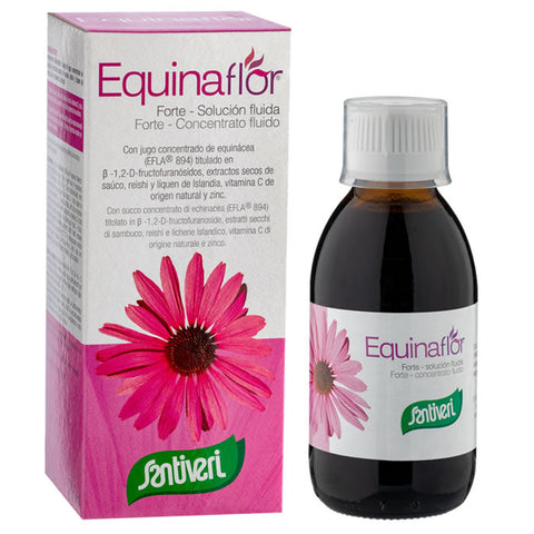 Santiveri Equinaflor Forte syrup bottle, 200ml, with natural herbal ingredients, displayed on a neutral background.