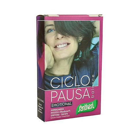 Santiveri Ciclopausa Balance Emotion herbal supplement in 18g packaging, displayed with product label and ingredients.