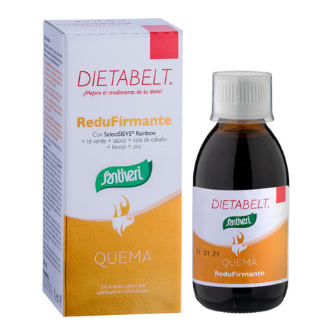 Santiveri Dietabelt Burn Redufirmante Syrup 240ml bottle with red and white label, featuring a dropper and product details.