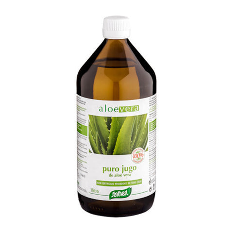 Bottle of Santiveri Aloe Vera Juice 500ml from Jag Couture London - New York, with clear label showing aloe vera drink.