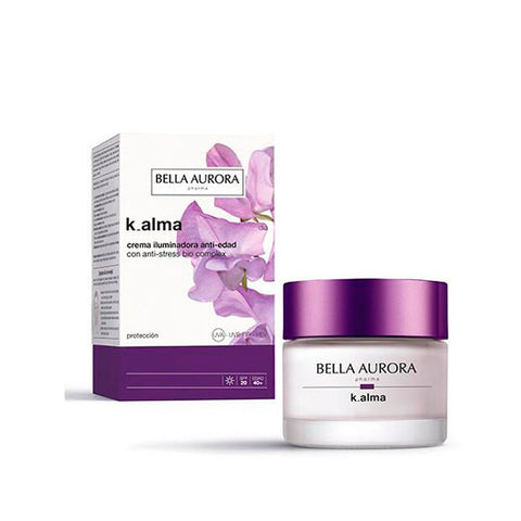 Jar of Bella Aurora K-Alma Day Cream by Jag Couture London displaying creamy texture and product label, 50ml size.