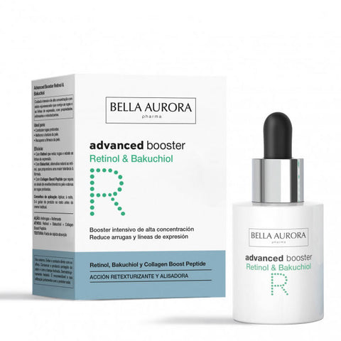 Jag Couture London New York Bella Aurora Advanced Booster with Bakuchiol and Retinol, 30ml, in a sleek skincare bottle.